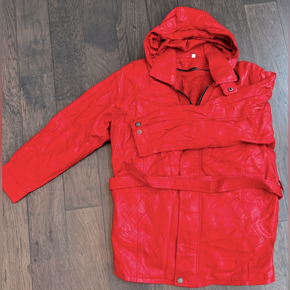 Red 3/4 length genuine leather coat